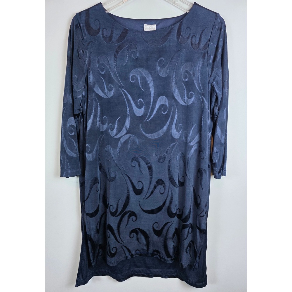 Chicos Blue‎ Swirl Burnout Velvet Long Sleeve Dress Sz 1 Comfort First Chic